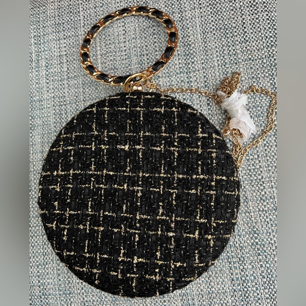 Round Hinged Tweed Fabric Black & Gold Handbag with Handle and crossbody strap